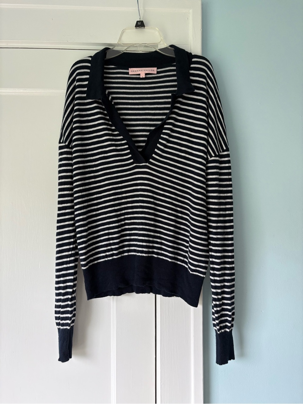 Hannah Childs Lifestyle Carly Polo Sweater Gunmetal Stripe Navy/White Equestrian